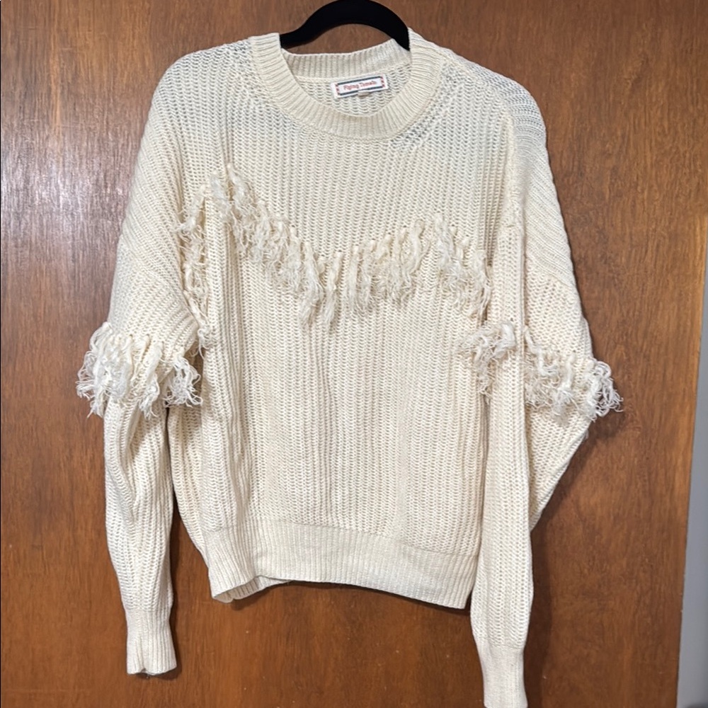Women's Cream Sweater with Fringe Detail